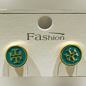 Tory Burch Inspired Blue Green and Gold Logo Earrings